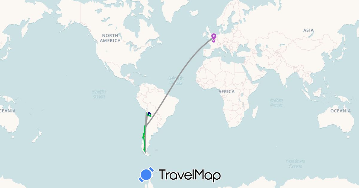 TravelMap itinerary: driving, bus, plane, train, boat, hitchhiking in Argentina, Bolivia, Chile, France, Netherlands (Europe, South America)
